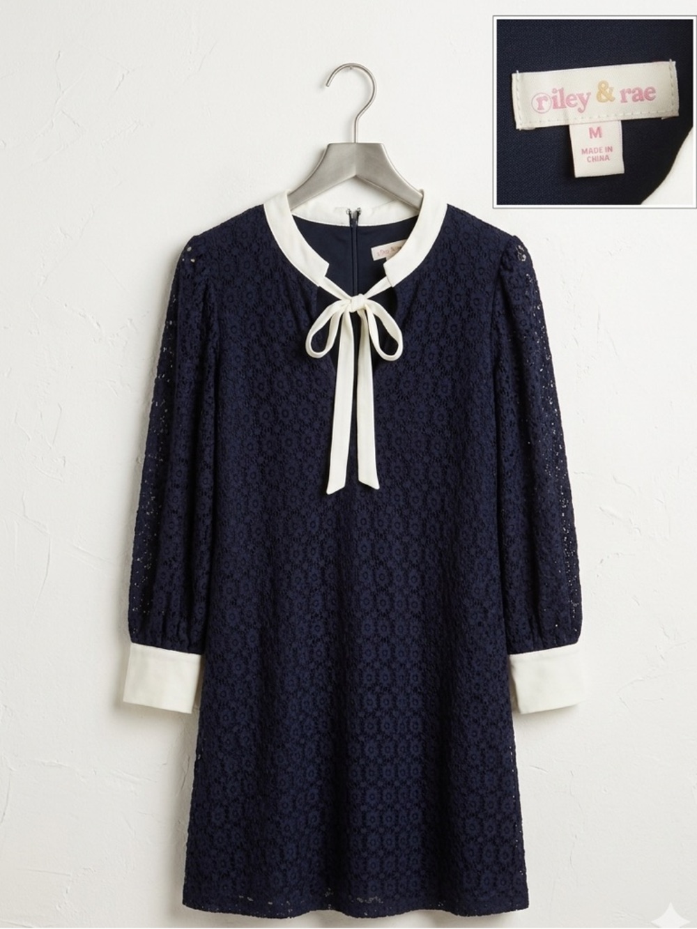 Riley & Rae Navy Lace Dress with Cream Tie Collar